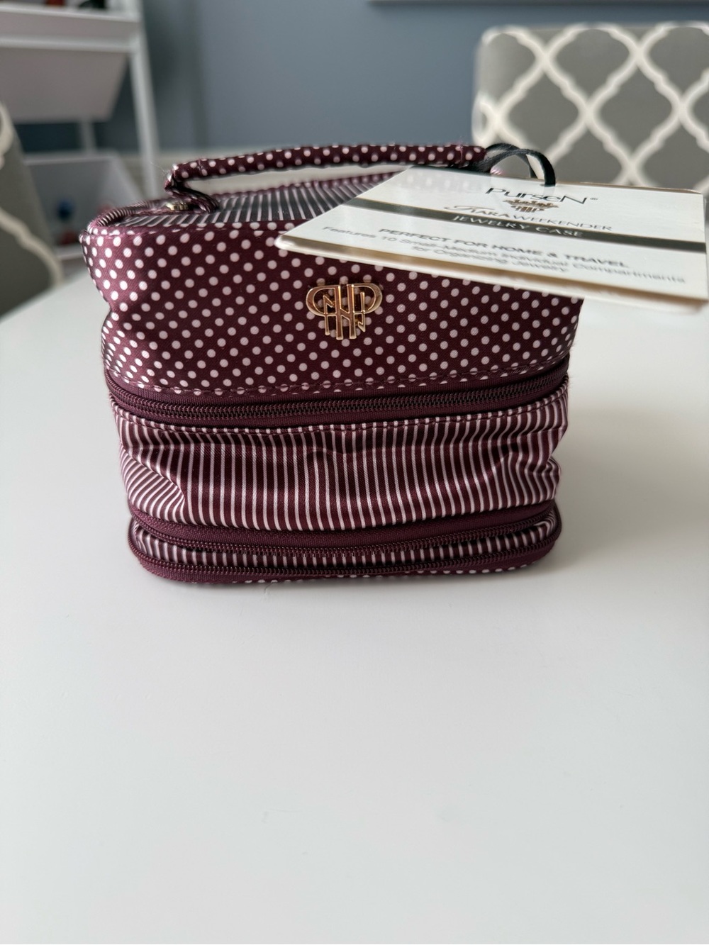 NWT: PurseN Tiara Weekender Jewelry Case (Burgundy Polka Dot & Stripe)